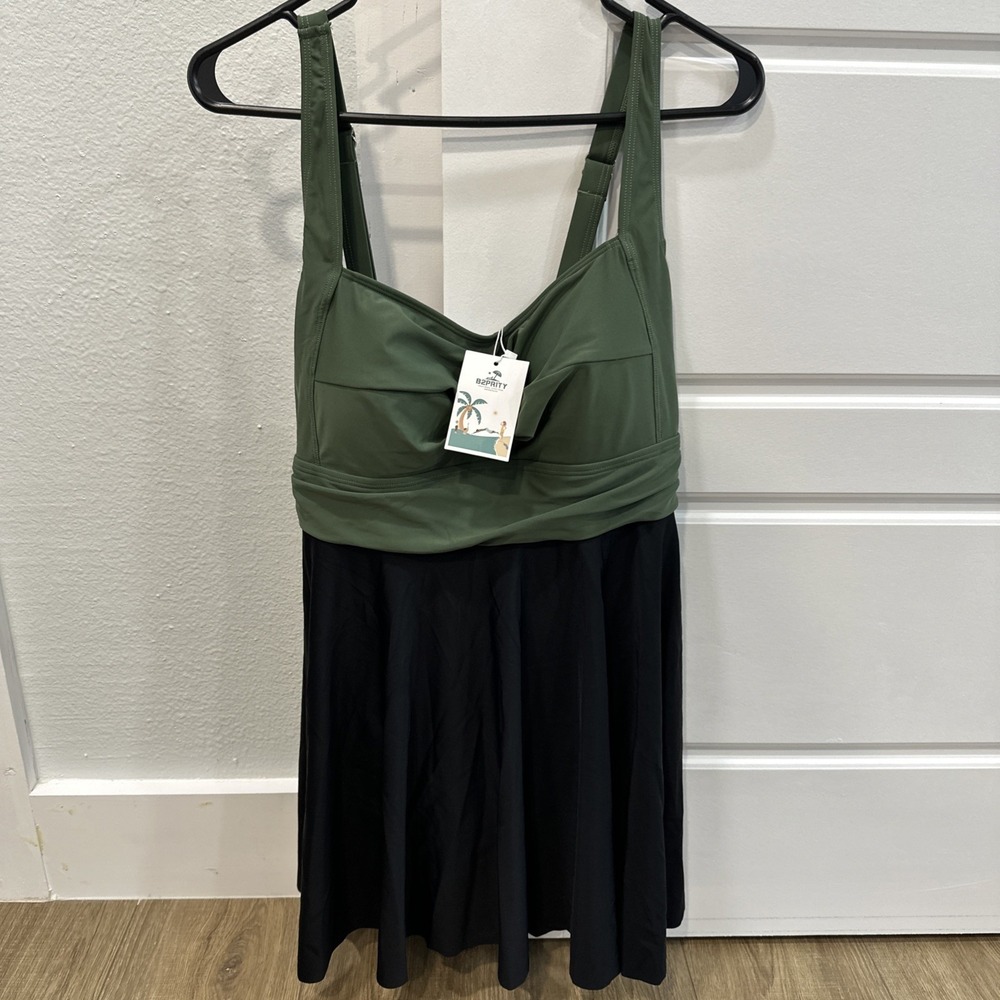 NWT B2prity Women's One Piece Swimdress‎ Swimsuit XLarge Black Green Adjustable